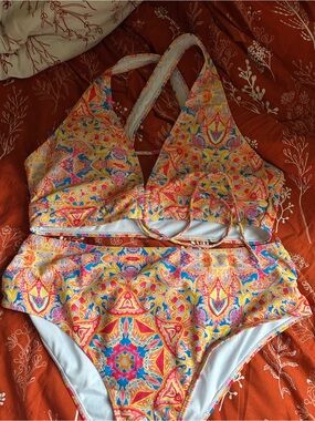 SHEIN Yellow Pink Blue Paisley High-Waist Bikini Set